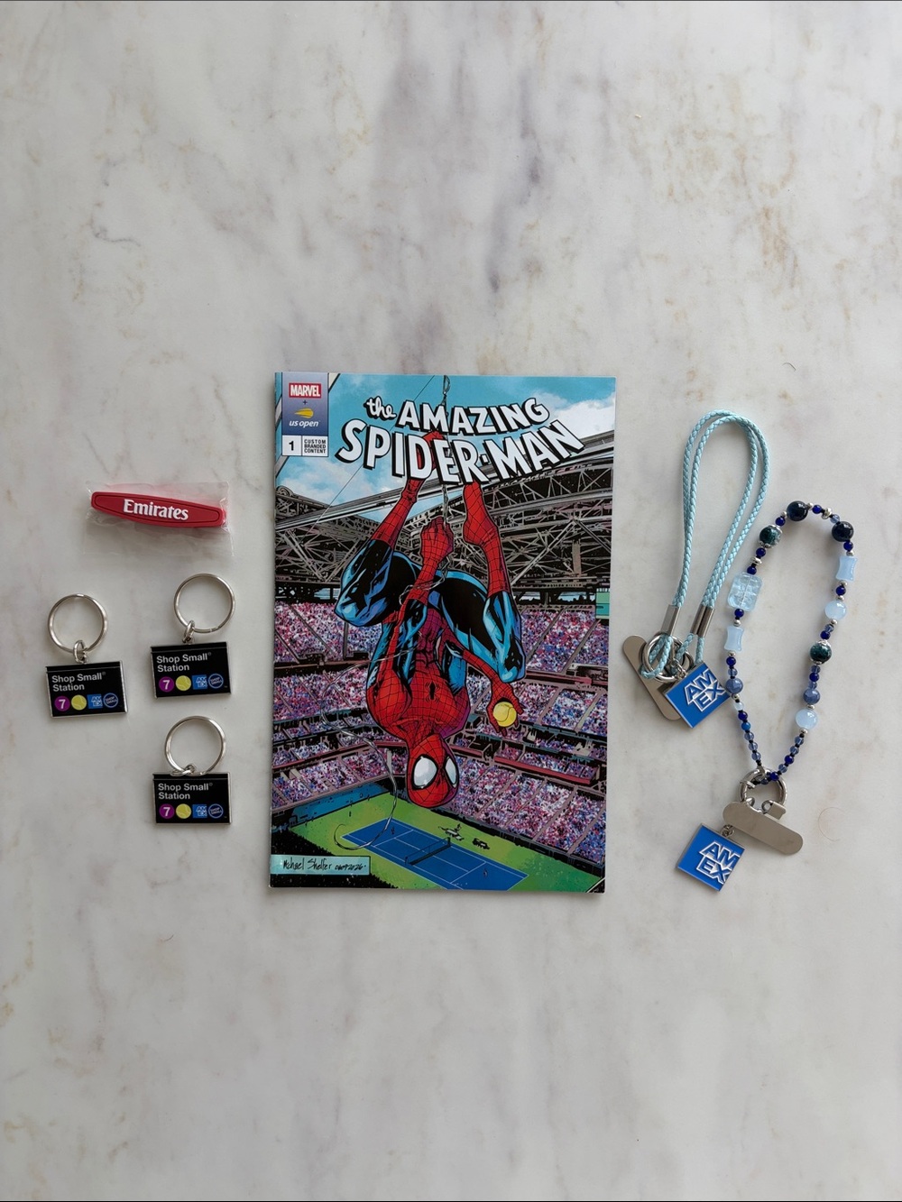 US Open Tennis VIP Merch Bundle – Spider-Man Comic, Phone Chains & Racket Clip